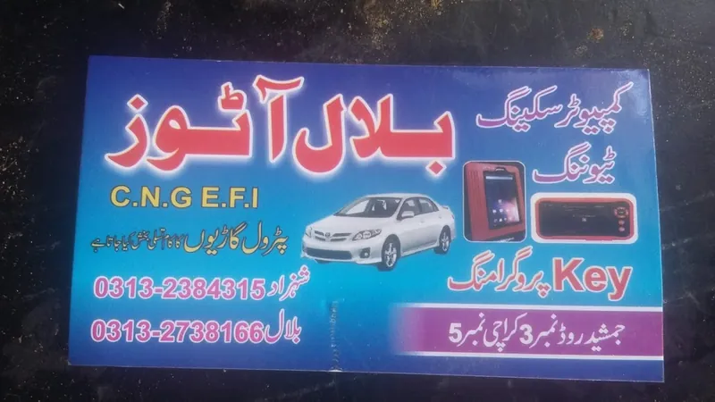 The Bilal Autos signboard listing CNG, EFI, computer scanning and key programming